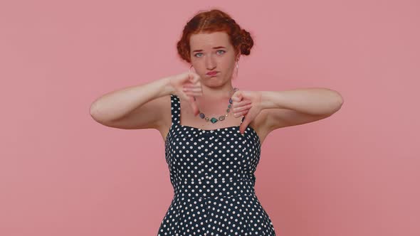 Upset Woman in Dress Showing Thumbs Down Sign Gesture Disapproval Dissatisfied Dislike