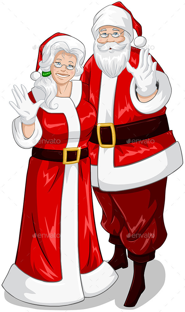 Santa And Mrs Claus Waving Hands For Christmas