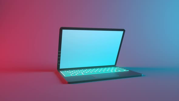 Gamer laptop opening with empty screen on red and blue background. Mock up. 3d render