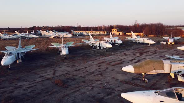 Aerial Drone View Flight Over Parking Lot of Old Dismantled Aircraft