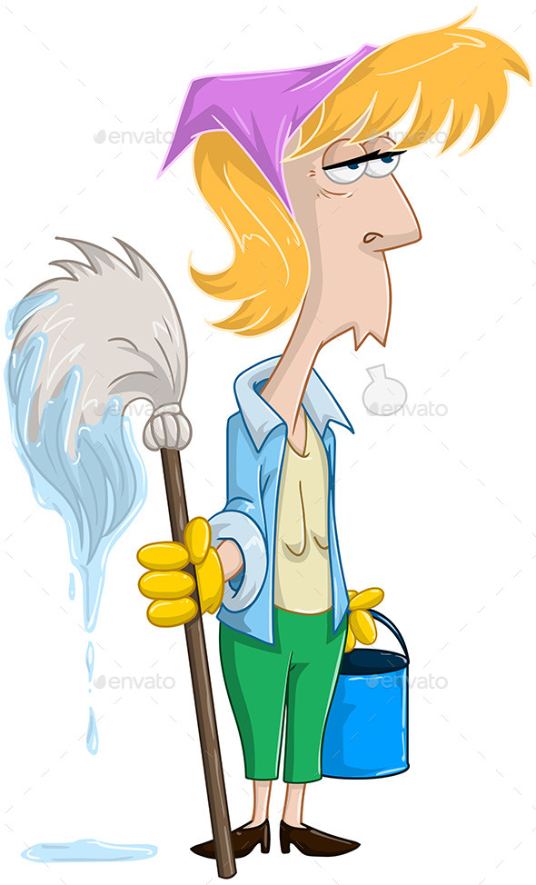 Tired Woman With Mop and Bucket