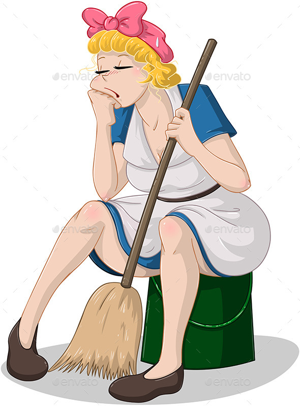 Tired Woman with Broom Sitting on Bucket