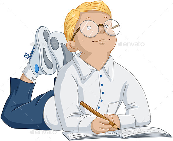 Smart Boy With Glasses Laying and Writing