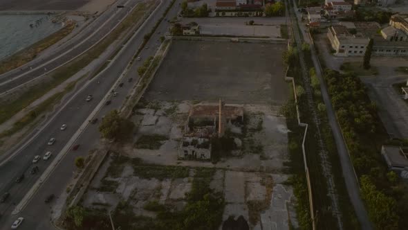 Aerial view of a abandoned area located nearby the sea in Patras, Greece.