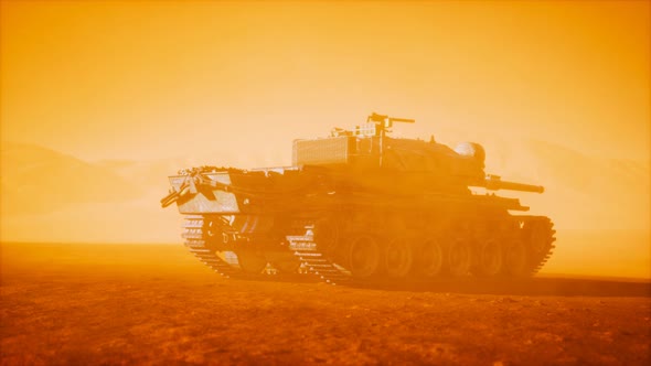 World War II Tank in Desert in Sand Storm