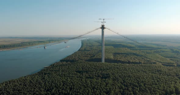 Braila Suspension Bridge Under Construction Over Danube River In Romania