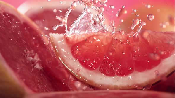 Slow Motion Shot of Grapefruit Juice Splashing Through Grapefruit Slices