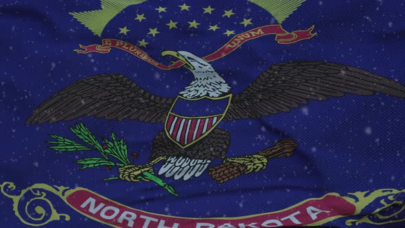 North Dakota Winter Flag with Snowflakes Background
