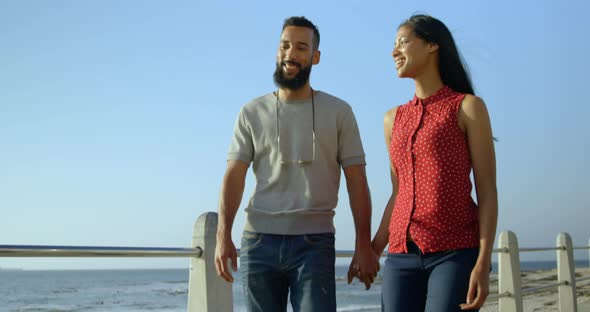 Young mixed-race couple pointing at sea while walking on promenade 4k