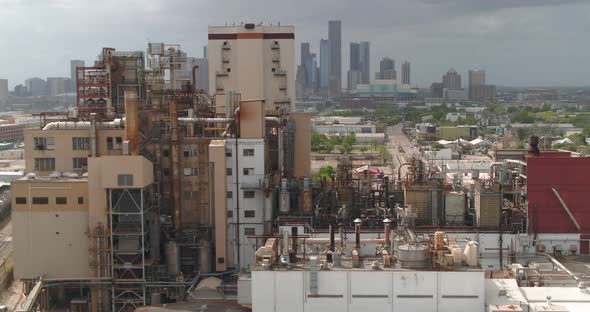 Panning aerial shot of city of Houston from Houston East End