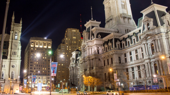 Nighttime Traffic Against City Hall, Philadelphia