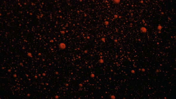 Orange Volumetric Fluorescent Particles Move and Change on a Black Moving Background Transition