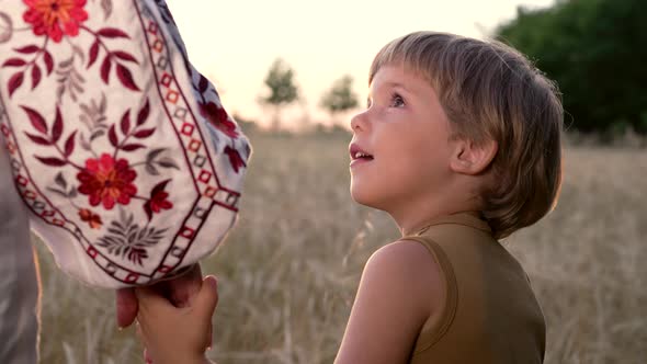 Mom and Child Holding Hands Together on Wheat Field Sunset Background