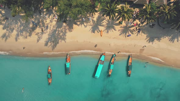 Aerial Tropical Beach Boats on Azure Sea Water