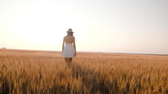 Happy Free Young Woman Walking Away in Slow Motion Across Field Touching Ears of Wheat with Her Hand