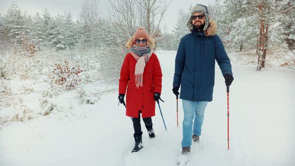 Couple Practicing Nordic Walking In Forest. Sticks Walking On Winter Wood. Winter Adventure Hiking.
