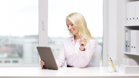Smiling Businesswoman Or Student With Tablet Pc