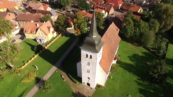 drone shot of church in viljandi Europe / baltic