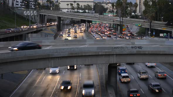 Rush Hour Traffic In Downtown Los Angeles During Sunset