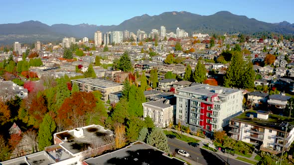 Aerial flying over a picturesque residential neighborhood in the Pacific Northwest.