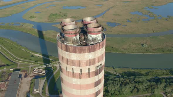 Rotating Drone View Industrial Chimney on Power Plant