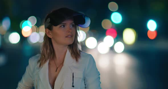 Confident Fashionable Woman at Night Blurred Street City Lights on Background