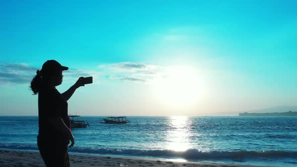 Single lady suntans on idyllic bay beach trip by blue lagoon with white sand background of the Maldi