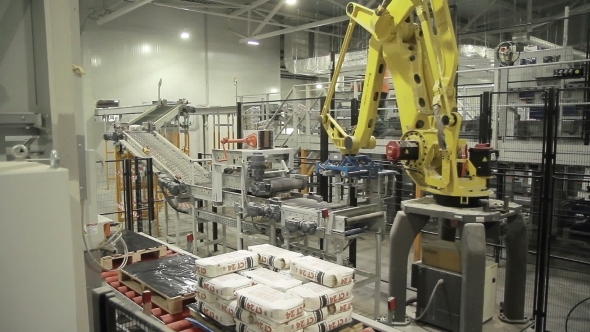 Articulated Robotic Arm At Packaging Line In