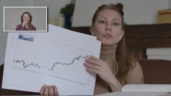 Adult Woman Talking and Showing Graphs As Her Bored Colleague Yawning. Two Caucasian Female