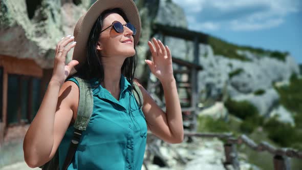 Stylish Travel Woman Smiling Enjoy Sunlight Natural Landscape