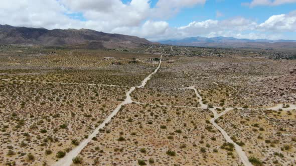 Aerial View of Endless Desert Straight Dusty Asphalt Road in Joshua Tree Park. USA