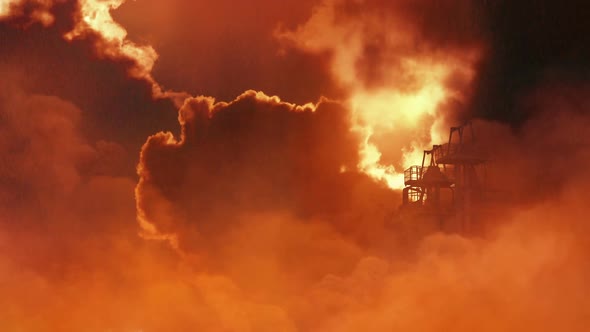 Industrial Building In Smoke And Rain Dramatic Scene