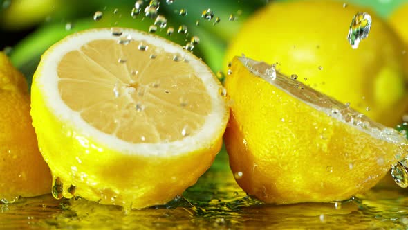 Super Slow Motion Shot of Water Falling on Fresh Lemon at 1000Fps.