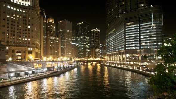 Downtown Chicago Waterway At Night