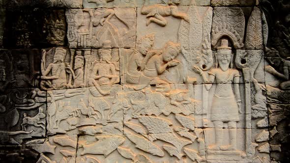 Stone Carving Of Religious Icons On Temple Wall - Angkor Wat, Cambodia 7 alt