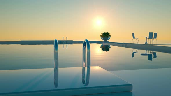 Fantastic white and blue swimming pool with crystal clear water in sunset