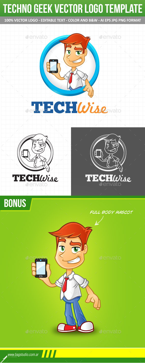 Tech Geek Vector Logo Template & Mascot