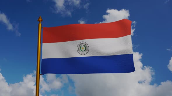 National flag of Paraguay waving with flagpole and blue sky timelapse