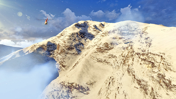Helicopter Flying Above Snowy Mountains