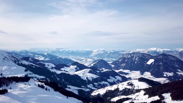 Wide panoramic view of winter landscape with snow covered Alps in Seefeld in the Austrian state of T