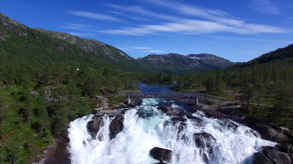 Aerial footage of waterfall Likholefossen in Norway