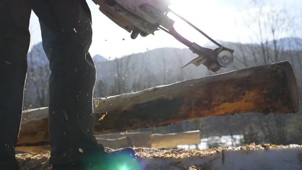 Unrecognizable Man Grinding Log with Electric Saw in Sunny Winter Forest