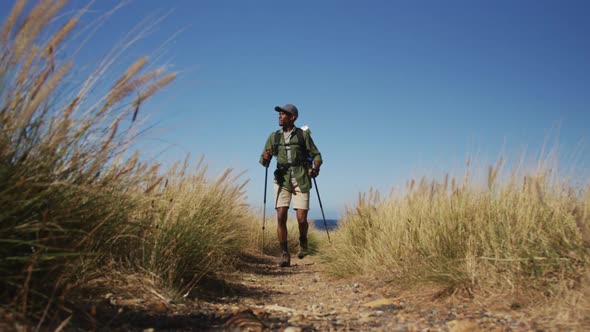 African american man hiking with hiking poles in countryside by the coast