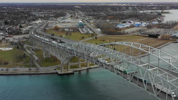 Aerial video Blue Water Bridge between USA and Canada