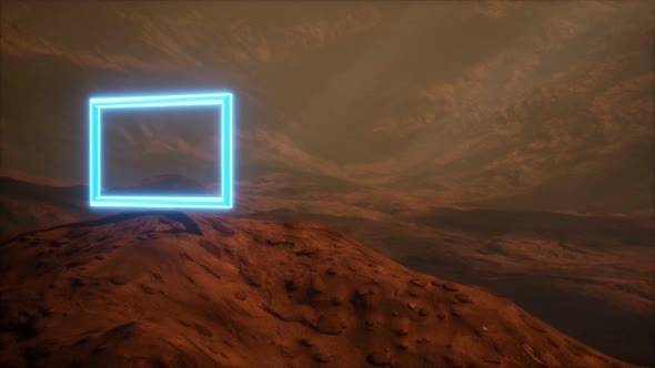 Neon Portal on Mars Planet Surface With Dust Blowing