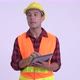 Young Happy Hispanic Man Construction Worker Talking While Using Digital Tablet - VideoHive Item for Sale