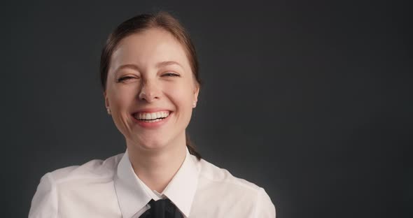 Happy Smiling Woman in Business Suit Looks to the Camera and Laughs Office Worker Portrait 120Fps