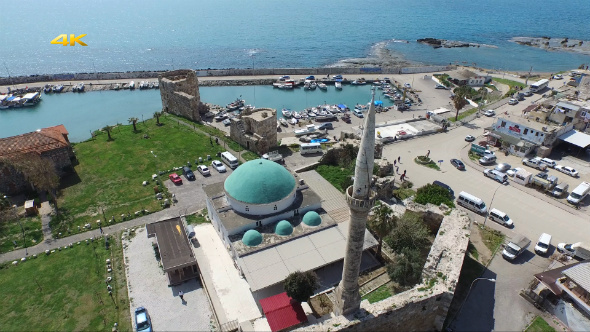 Aerial View Flying Over Mosque and Port