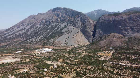Aerial Nature Greek Landscape with Mountain Olive Trees and Houses in Crete