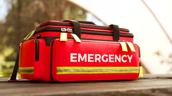 The red emergency first aid bag on a wooden table outdoors. Garden environment.